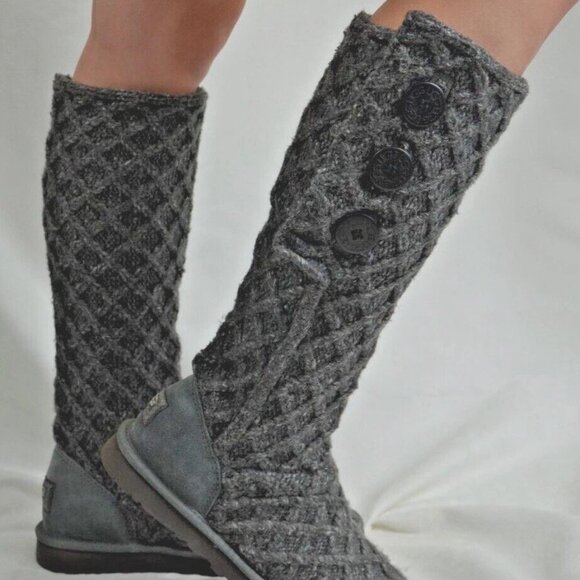 UGG Australia Gray  Lattice Classic Cardy Knit Tall Boots Size 7 | Style 3066 - Picture 1 of 15